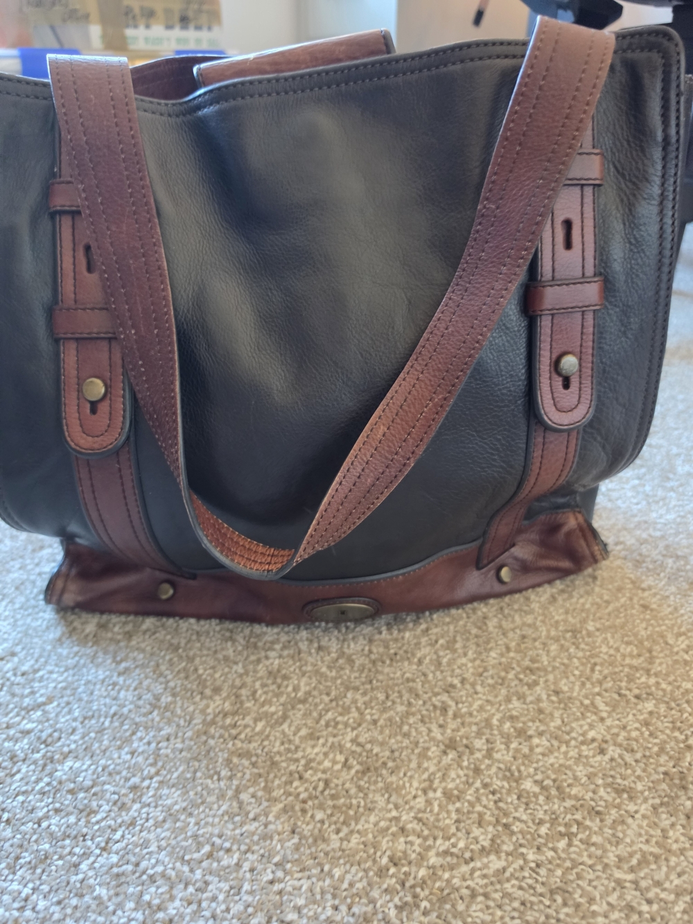 Fossil Two-Tone Black and Brown Leather Shoulder Large Tote